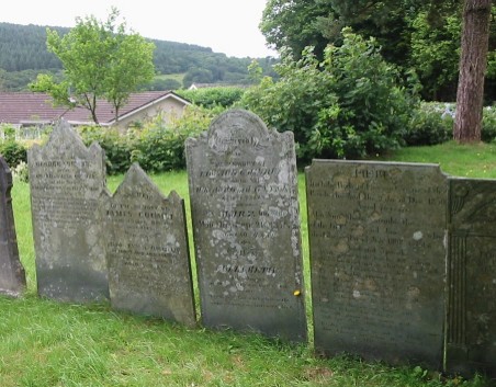 Group of 19th century Coumbe headstones (numbered 1 to 4 in accompanying text) in North Hill Church cemetery.