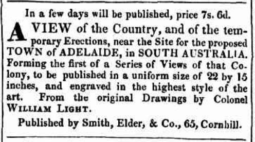 Engraving of William Light's view of Adelaide's proposed site advertised in "South Australian Record", 13 January 1838.