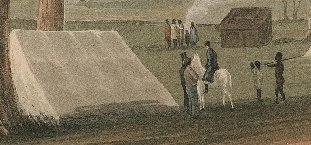 Detail from "A view of the country and of the temporary erections near the site for the proposed town of Adelaide in South Australia [picture] / drawn by Col. Wm. Light; engraved by Robt. Havell". Rex Nan Kivell Collection, National Library of Australia (NK247) nla.obj-135762450